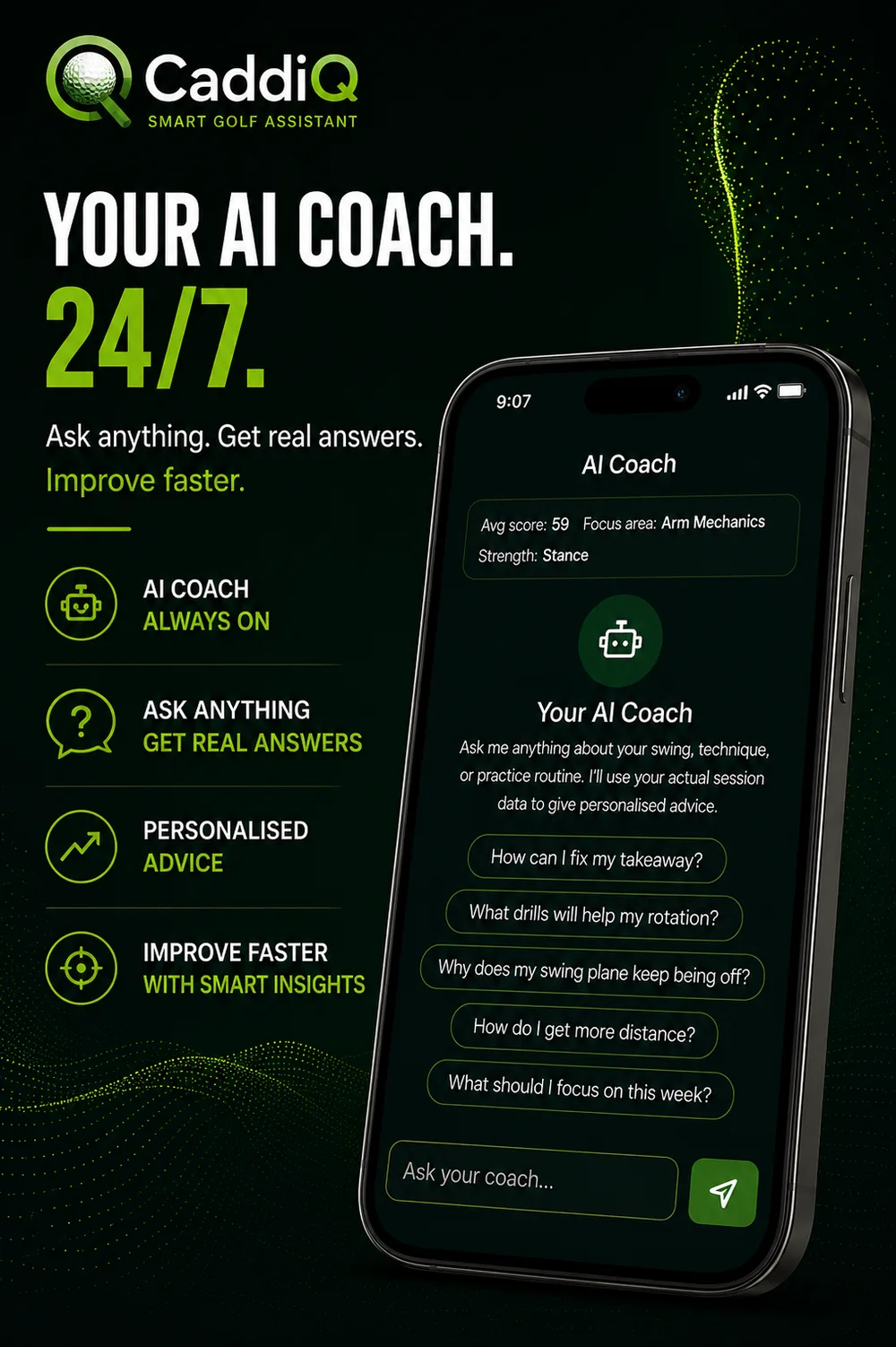 CaddiQ AI coach answering golf questions around the clock